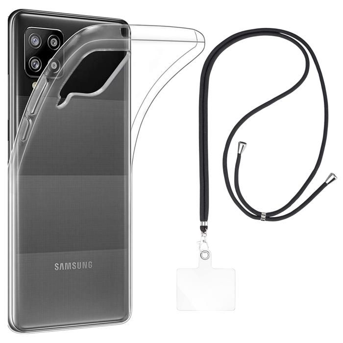 Case and Neck Strap for Samsung Galaxy A42 - Transparent Soft TPU Adjustable Black Cord Phonillico®