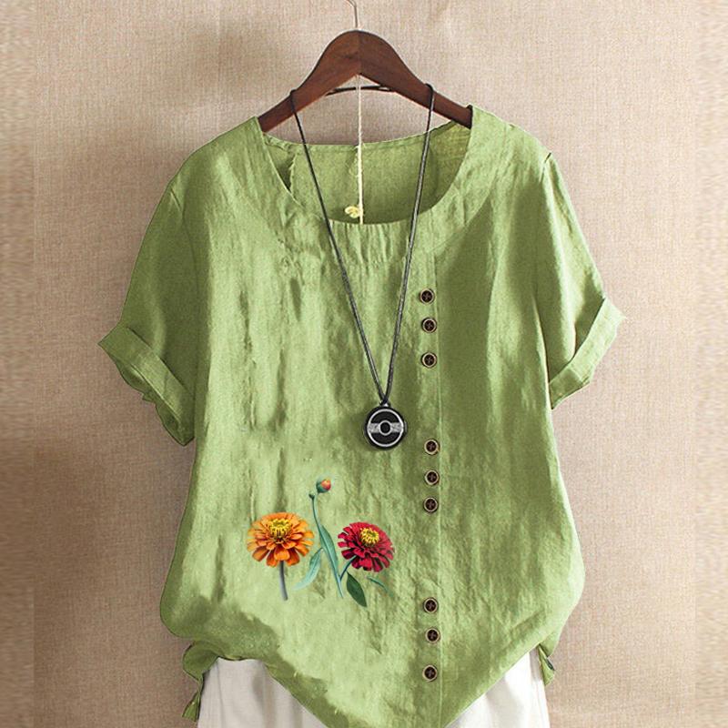 

Женская модная футболка с цветочным принтом и круглым вырезом, с коротким рукавом, повседневная хлопково-льняная рубашка с рисунком, свободная летняя блузка для отдыха, топы 5XL зелёный