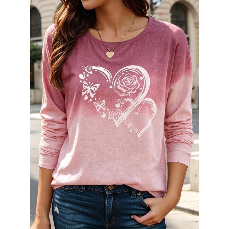 Women's Long Sleeve Crew Neck Gradient Heart & Butterfly Print Casual T-Shirt, Regular Tops for Spring Summer Daily Wear