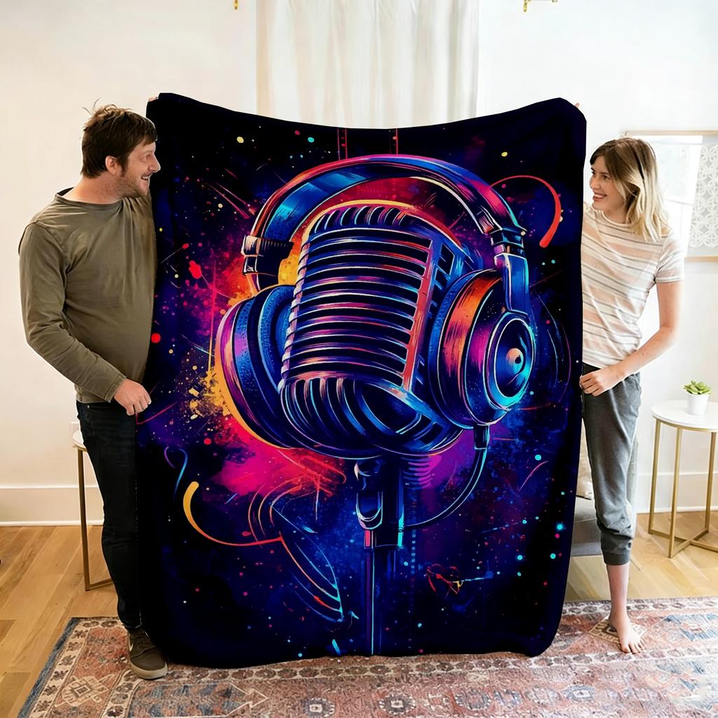Live Music Neon Headphones Printed Flannel Blanket Perfect for Sofa Office Bed Travel Sleep Read Relax Camping Four Season Use