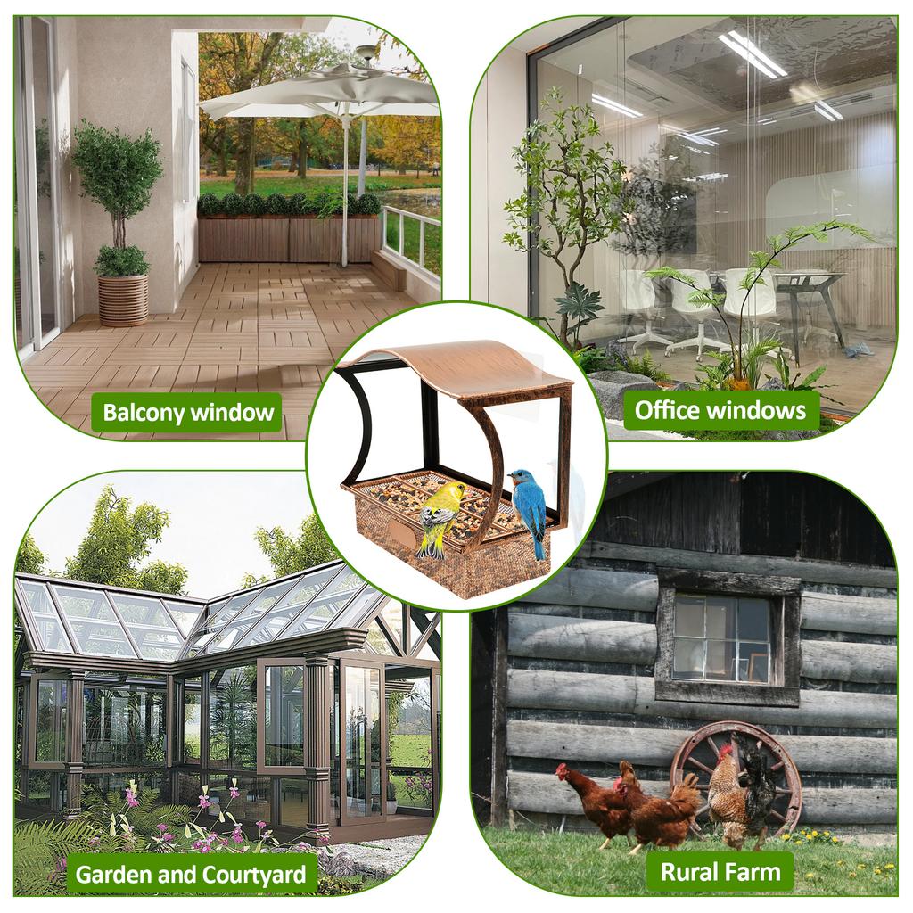 Mangiatoia per Uccelli Tipo Finestra in Ferro Impermeabile Dispenser Cibo per Pappagalli con Gancio Ventosa Articoli per Animali Domestici per Decorazione Giardino Esterno