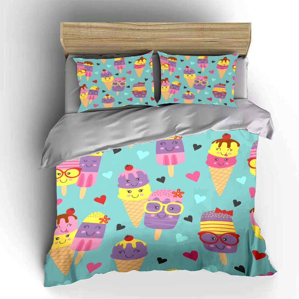 Cute Ice Cream and Heart Design Bedding Duvet Cover Set (1*Duvet Cover 2*Pillowcases, without duvet insert)