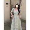 Design sense niche square neck bubble sleeves floral princess dress summer thin temperament versatile dress children