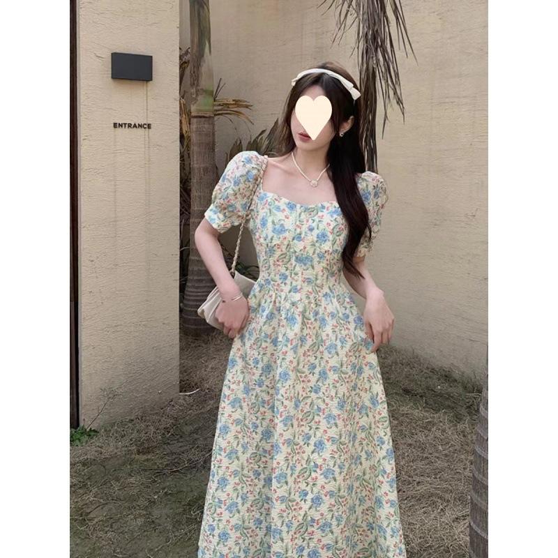 Design sense niche square neck bubble sleeves floral princess dress summer thin temperament versatile dress children