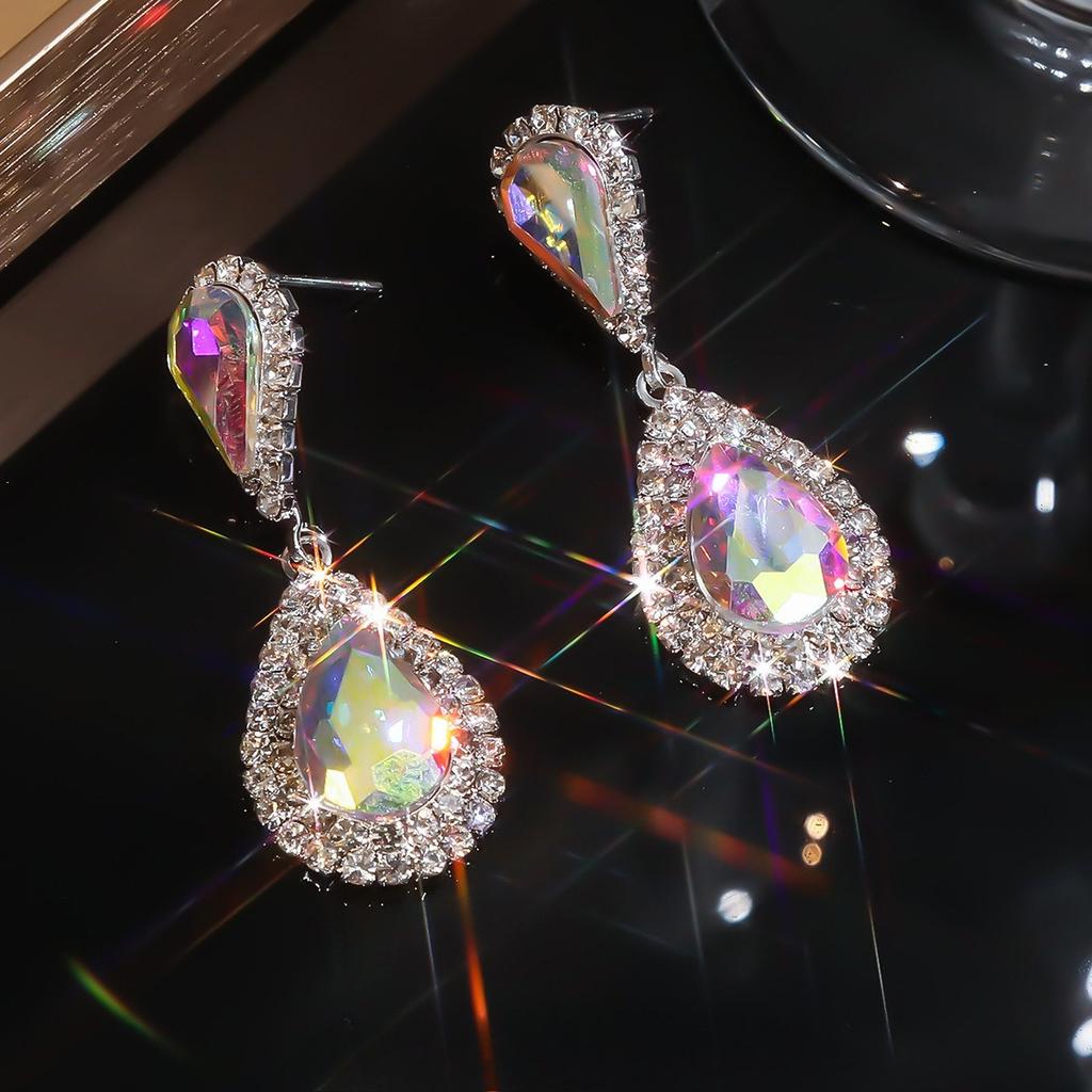 Sparkling Teardrop Dangle Earrings for Women, Full Cubic Diamond Paved Drop Earrings,Red/White/Aurora Crystal Bridal Jewelry for Wedding Party Prom