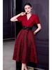 French Spring/Summer 2026 Women's V-Neck Black Bow Tie Jacquard Dress with Waist-Cinching and Wide Hem.