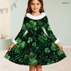 Girls Furry Collar Long Sleeve Dark Blue Snowflake Printed A Line Dress With Big Bow