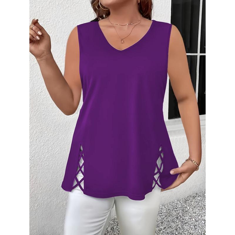 2026 Summer Sleeveless Hollow Blouse Women Large Size V-neck Fashion Vest Cross Casual Slim Fit Tank Top Elegant Loose Casual Women's Clothing