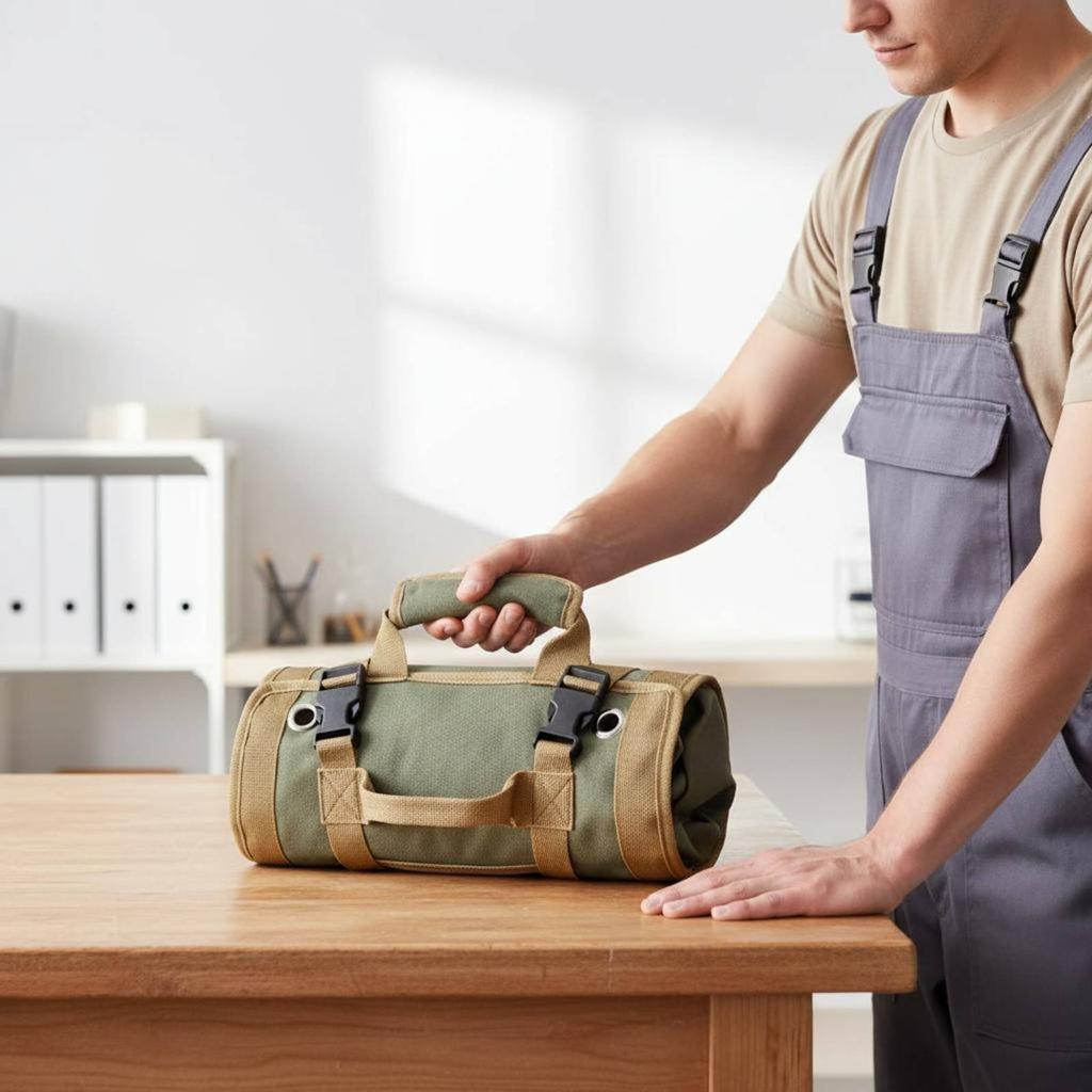 Canvas Tool Roll Portable Foldable Tool Bag Puncture Resistant Waterproof for Mechanics, Job Site