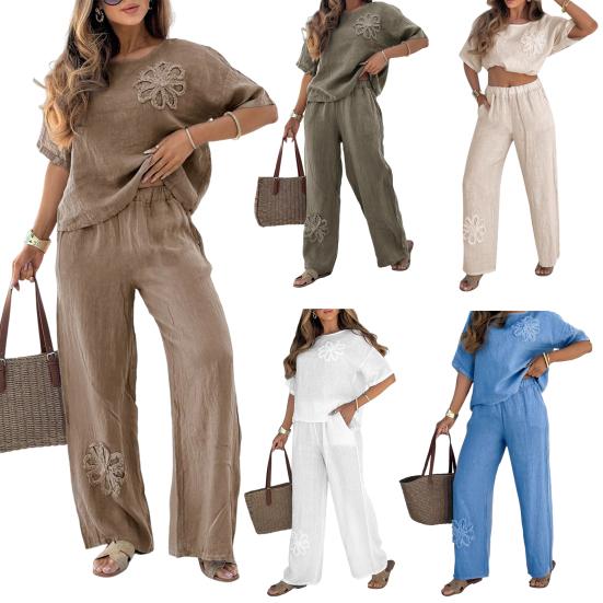 Women's Cotton Linen Two-Piece Outfit Short Sleeve Crew Neck Top And Wide Leg Pants Set Floral Embroidery Casual Lounge Tracksuit
