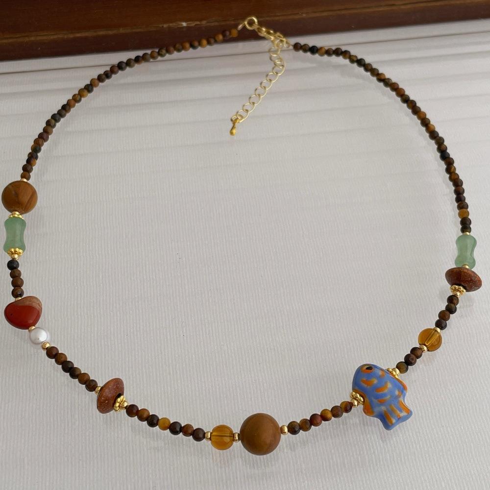 Vintage Ethnic Vibrant Natural Stone Tiger Eye Asymmetric Beads Fish Beaded Necklace For Women Gold Plated Chain Strand Chokers
