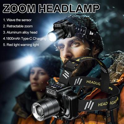 Intelligente Gesten-Sensor Stirnlampe 1800mAh Akku mit USB-C Schnellladung Leistungsstarke LED Angel-Stirnlampe Wiederaufladbar Outdoor