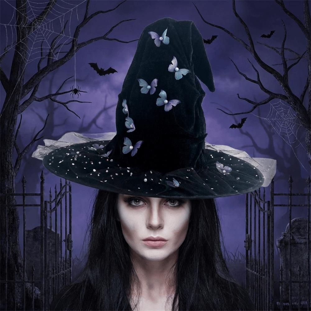 Mesh Halloween Witch Hat Black Halloween Black Cap Foldable Butterfly Wizard Cap  Masquerade