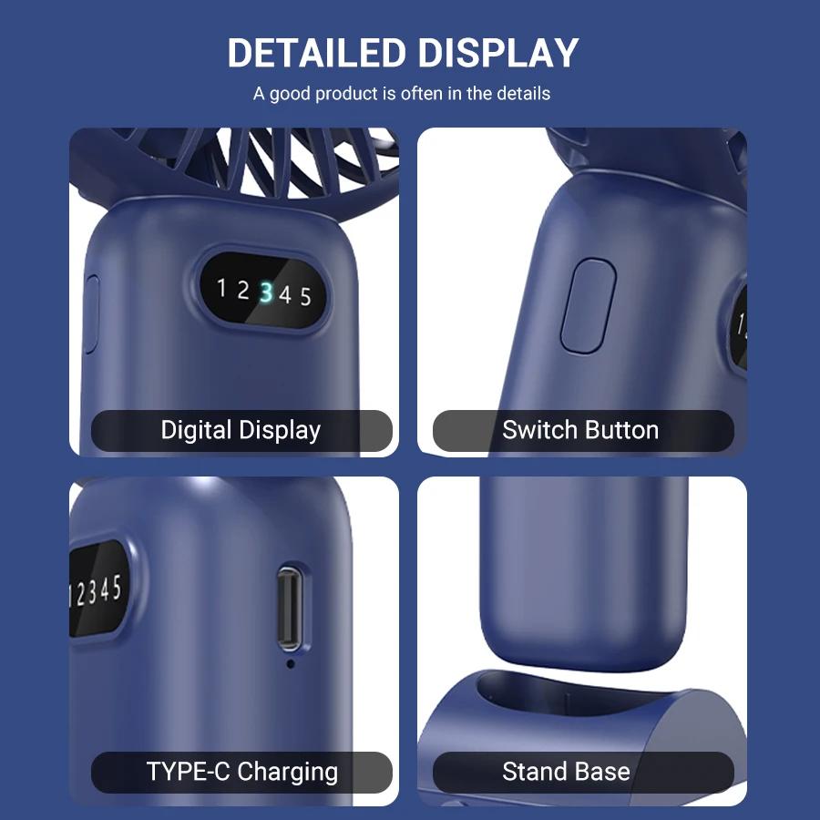 3000mAh  Mini Camping Fan Foldable Portable Neck Hanging Fans 5 Speed USB Rechargeable Fan with Phone Stand and Display Screen