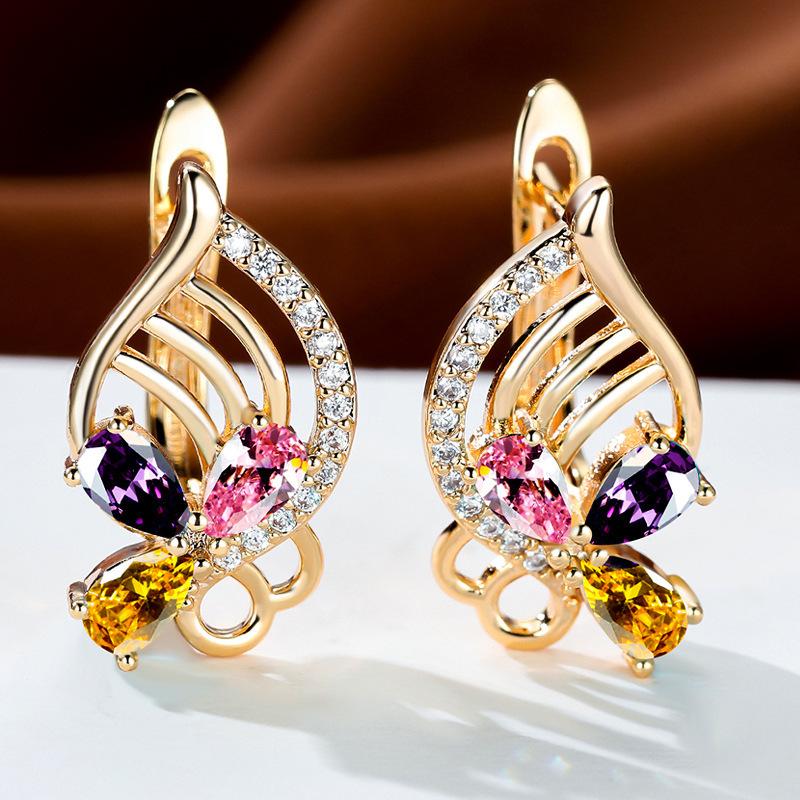 

SHEIN real gold plated with diamonds zircon luxury group set with diamonds hollow flower ear buckle earrings