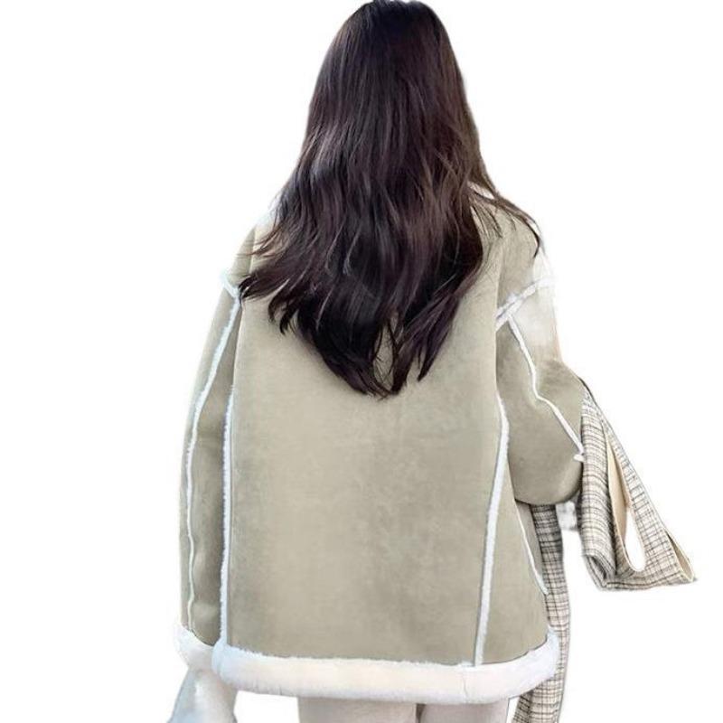 Corner buckle suede fur integrated lamb plush jacket women's new winter thickened warm cotton clothes
