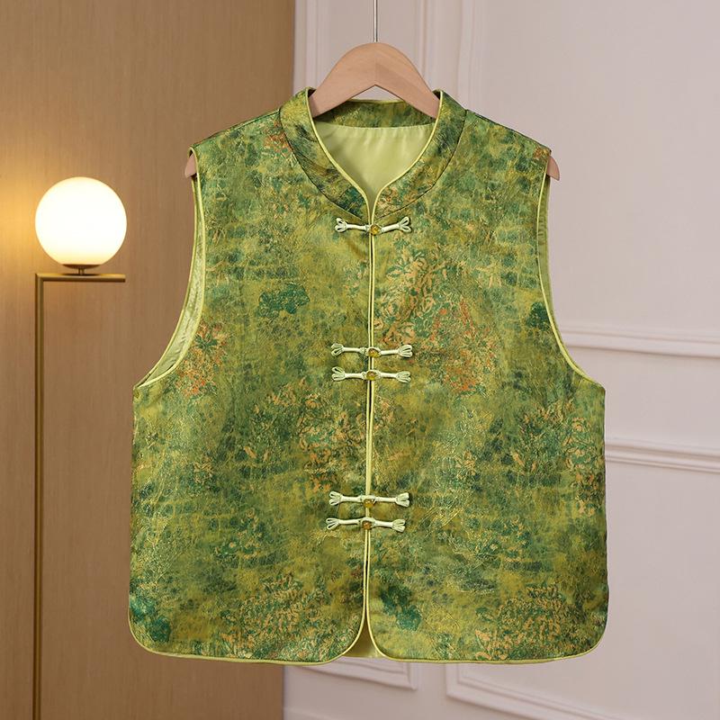 

Women s Retro Satin Jacquard Vest with Frog Button - Spring/Autumn 2026 Collection 4XL зелений