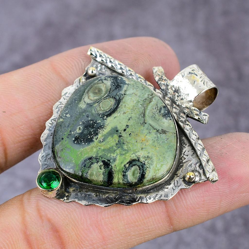 Ruby Ziosite,Diopside Lab-Created Handmade 925 Sterling Silver Pendant 2.3" E2Z49