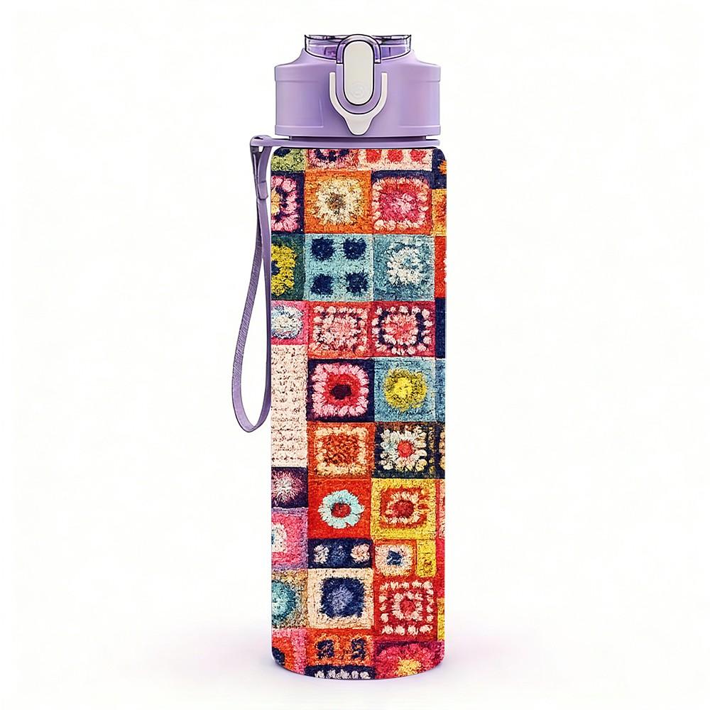 1PC Geometric Square Patchwork Print 750ml Color Plastic Sports Water Bottle Leakproof Flip Straw Lid Suitable for Sports Office Home Use