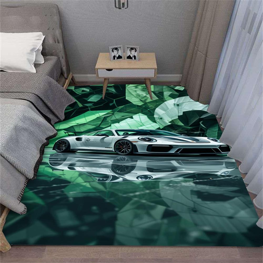 Turuncu Yarış Arabası Halısı Spor Araç Tasarımı Dinamik Desen Geniş Alan Halısı Yatak Odası Oturma Odası Zemin Matı