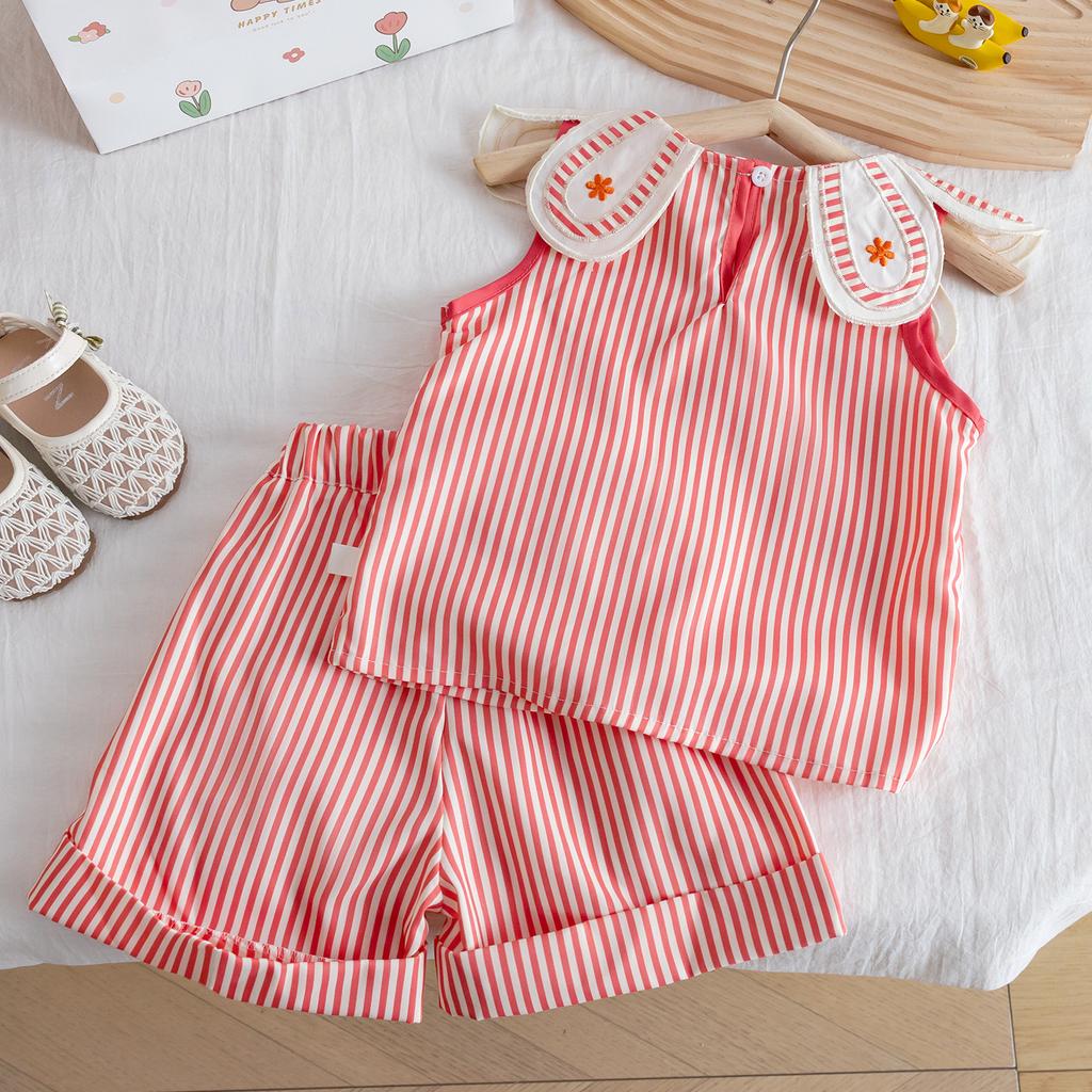 Summer Girls Embroidered Striped Vest And Shorts Set Toddler Baby Fashionable Casual Two Piece Outfit For Little Kids