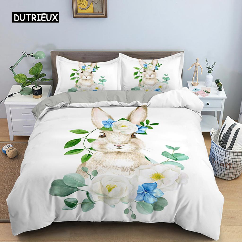 Niedliches Bettwäscheset mit Cartoon-Motiv, Hund/Kaninchen, nordisch, Kingsize, Einzelbett, Zwilling, 90/135/150, Bettbezug 240×220, Bettbezug für Mädchen, Jungen, Kinder, Teenager, Geschenk