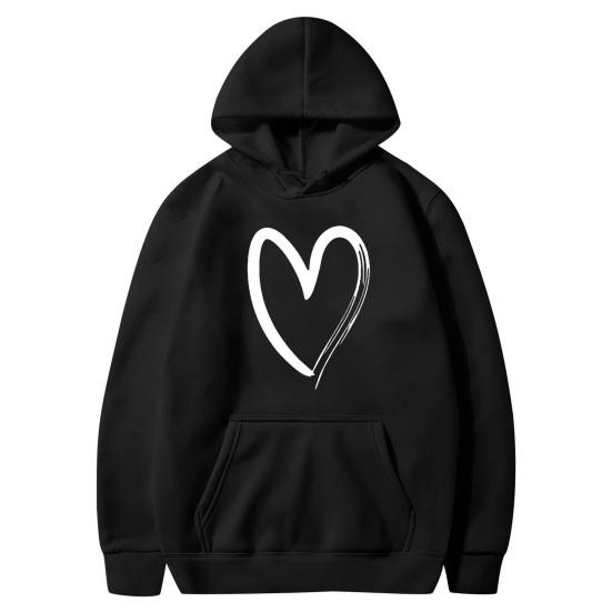 Women's Heart Print Hoodies Fall Long Sleeve Drawstring Pullover Top Oversized Fleece Lined Sweatshirt with Pocket