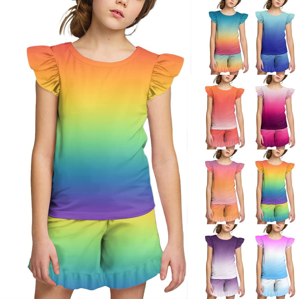 Summer Girls Cute Suit Flying Sleeves T-shirt Top + Ruffled Shorts Daily Outdoor Wear Cute Casual Fashion 2-Piece Set