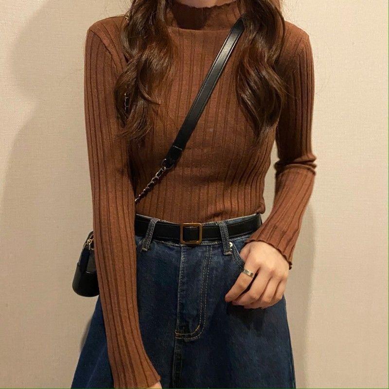 

Осенне-зимний свитер, женский ворсистый воротник, облегающий крой, длинный рукав, короткий фасон, пуловер, высокий воротник, трикотажная основа свитера one size коричневый