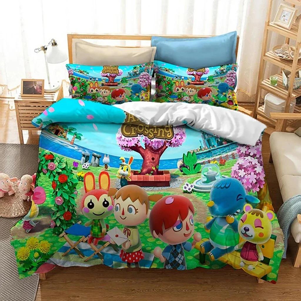 Kreskówkowy Zestaw Pościeli Animal Crossing Chłopcy Dziewczynki Rozmiar Twin Queen Poszwa na Kołdrę Poszewka na Poduszkę Łóżko Dzieci Dorośli Moda Tekstylia Domowe