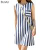 Women Daily Casual Round Neck Sleeveless Stripe Print Loose Dress