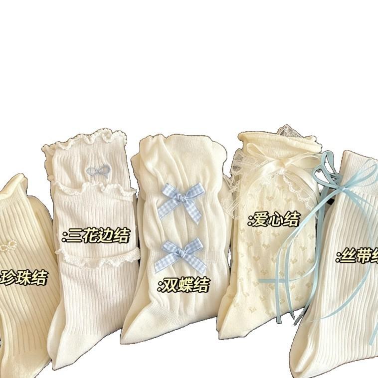White lace bow socks women's medium tube socks summer thin cotton ballet style stacking socks jk stockings