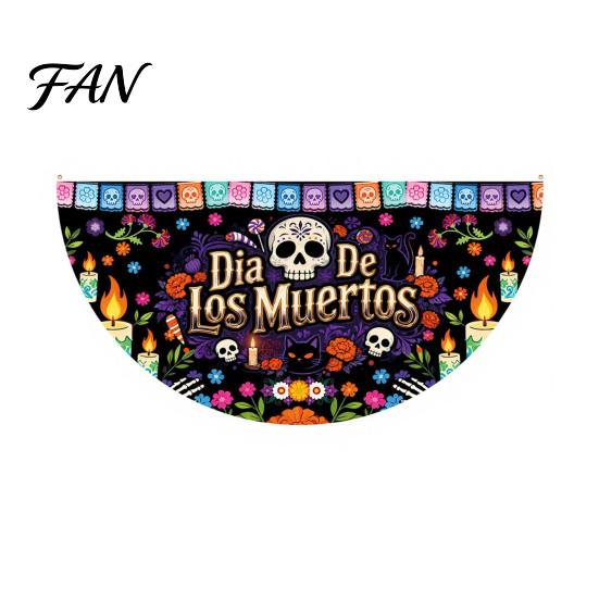 Reusable Party Entrance Sign Day of The Dead Skull Bunting Banner, Marigold Print Fiesta Unique Fan Shaped Banner Hanging Flag, Colorful Sugar Outdoor