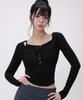 LIKE THE MOST Rib Henley Neck Slim Long Sleeve Top_Black