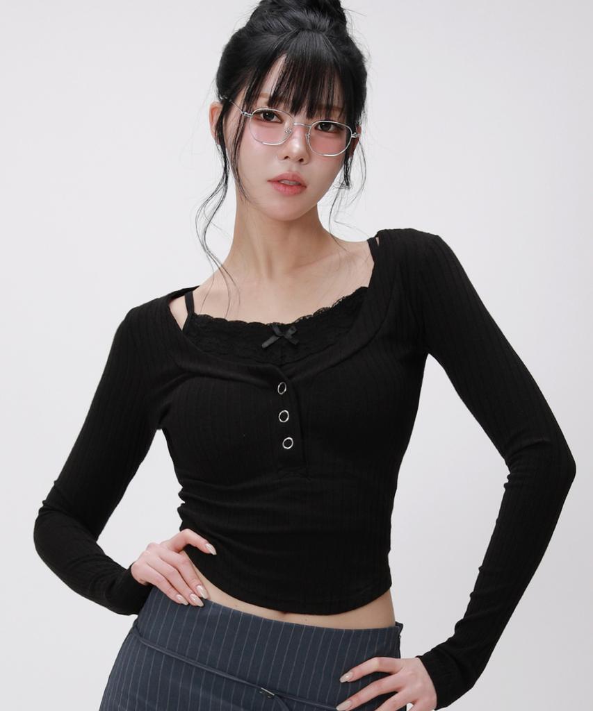 LIKE THE MOST Rib Henley Neck Slim Long Sleeve Top_Black