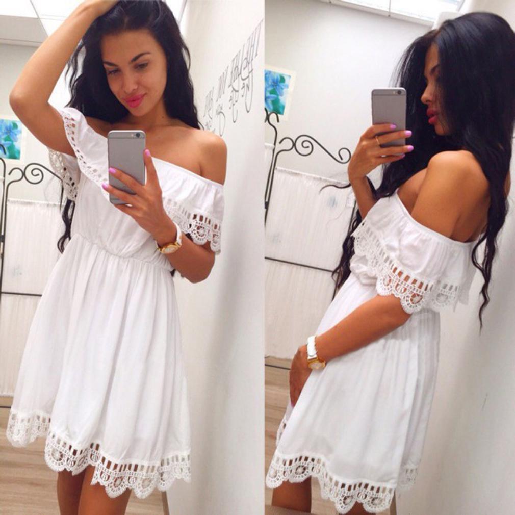 Summer Women White Lace Stitching Dress Off Shoulder Strapless Sexy Dress Slash Neck Mini Dresses