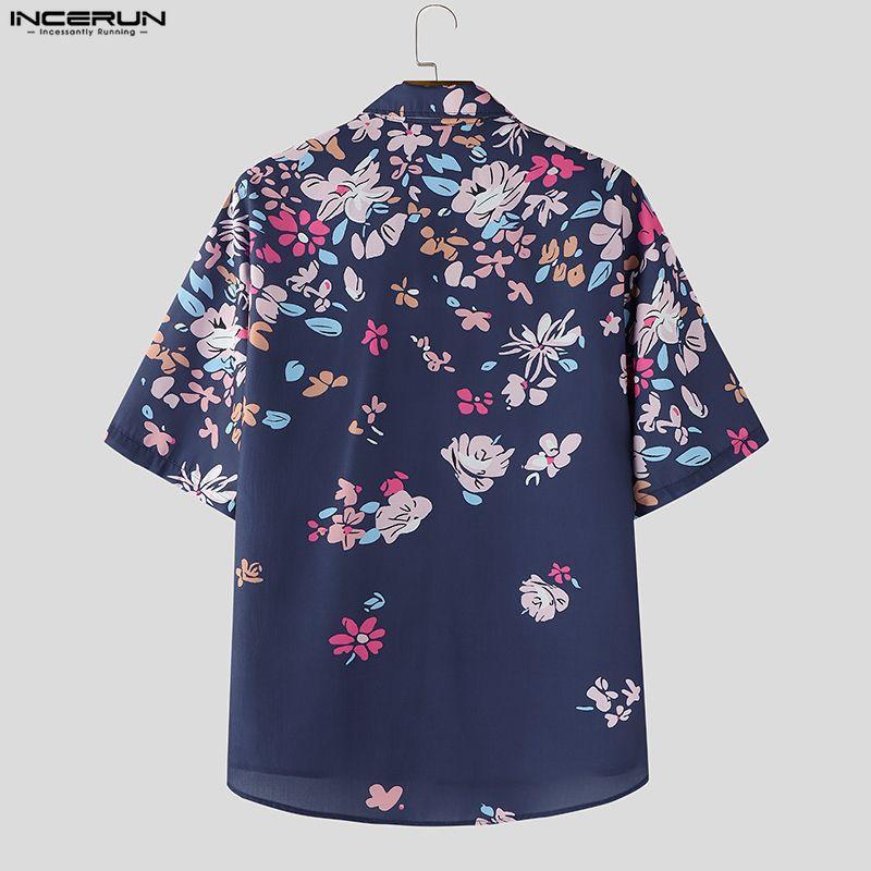 INCERUN Übergroße Herren Hemden mit Reverskragen, kurzen Ärmeln, Blumendruck, lässig und locker