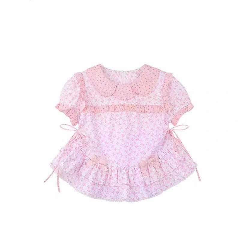 Retro Japanisches Süßes Rosa Puppenkragen Kurzarm Oberteil & Kuchenrock Set für Damen - Sommerkollektion