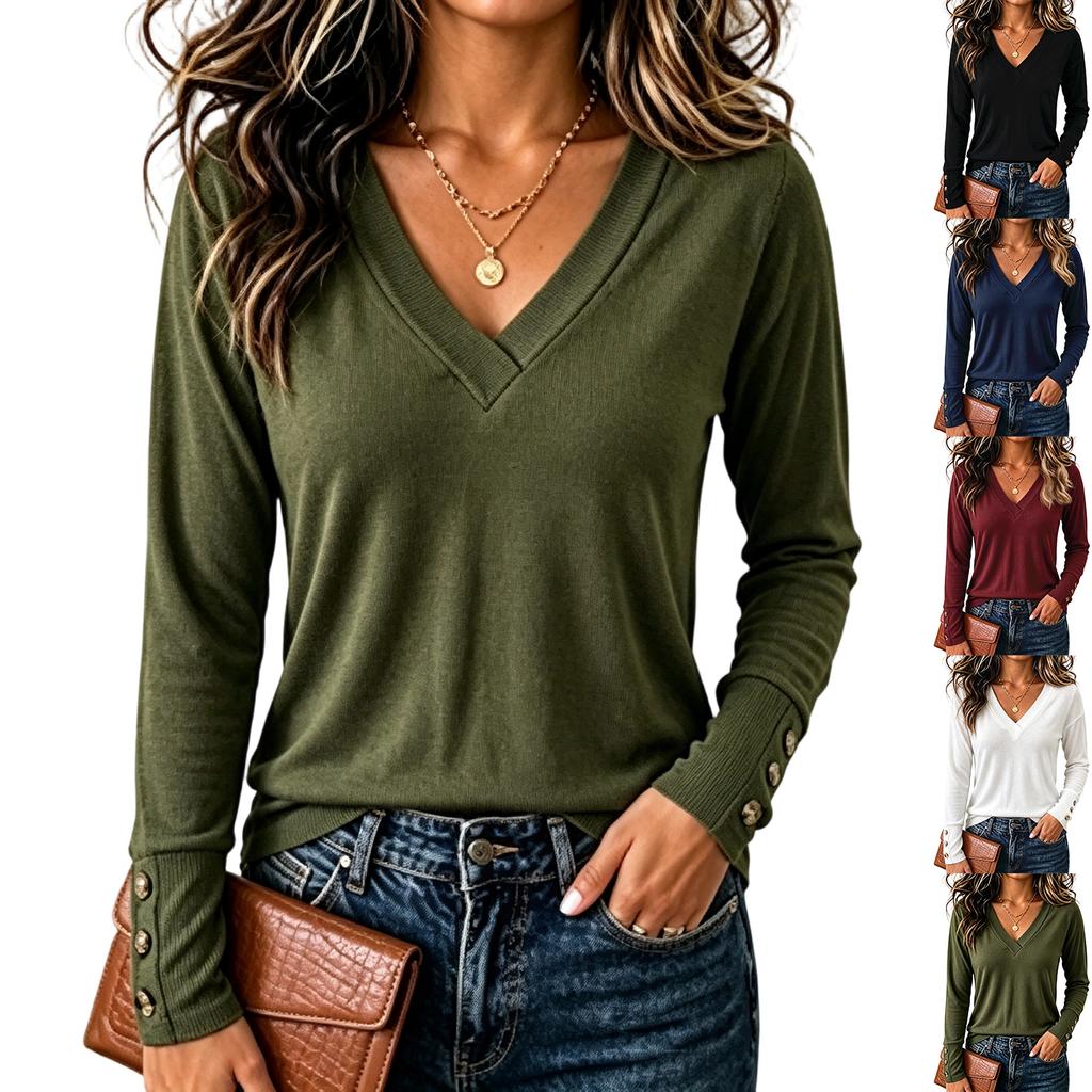 Women's Comfortable Stylish Casual V-Neck Long Sleeve T-Shirt Loose Fit Button Cuff Top