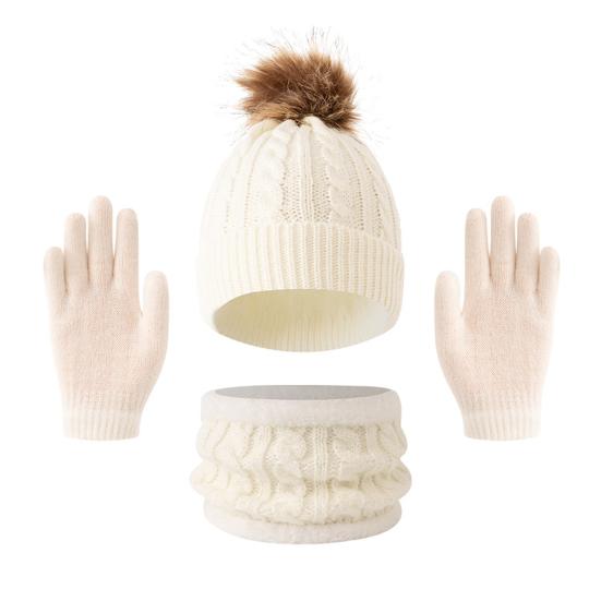 

Набор из 3 предметов для женщин: шапка, шарф, перчатки, однотонный, с плюшевым помпоном, шапка с текстурой «косичка», флисовая подкладка, грелка для шеи, набор перчаток белый