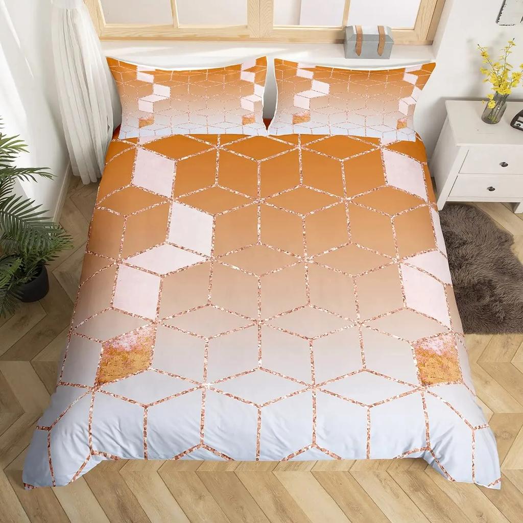 Geometry Ombre Duvet Cover Full King,Honeycomb Marble Geometric Bedding Set For Teen Girls Women Diamond Hexagon Comforter Cover