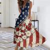 Womens Sleeveless V Neck Wrap Maxi Dress Patriotic Flag Print Floral Swing Summer Sundress Casual High Waist