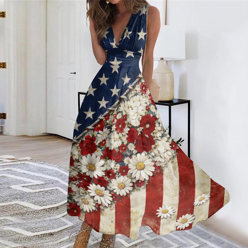 Womens Sleeveless V Neck Wrap Maxi Dress Patriotic Flag Print Floral Swing Summer Sundress Casual High Waist