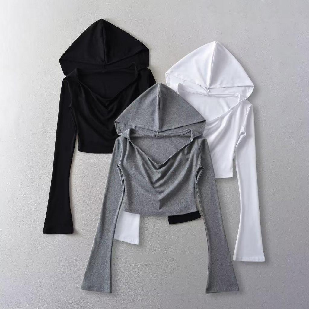 Korean Style Low-Cut Hooded Long-Sleeve Cropped T-Shirt - Sexy Autumn Fashion Top
