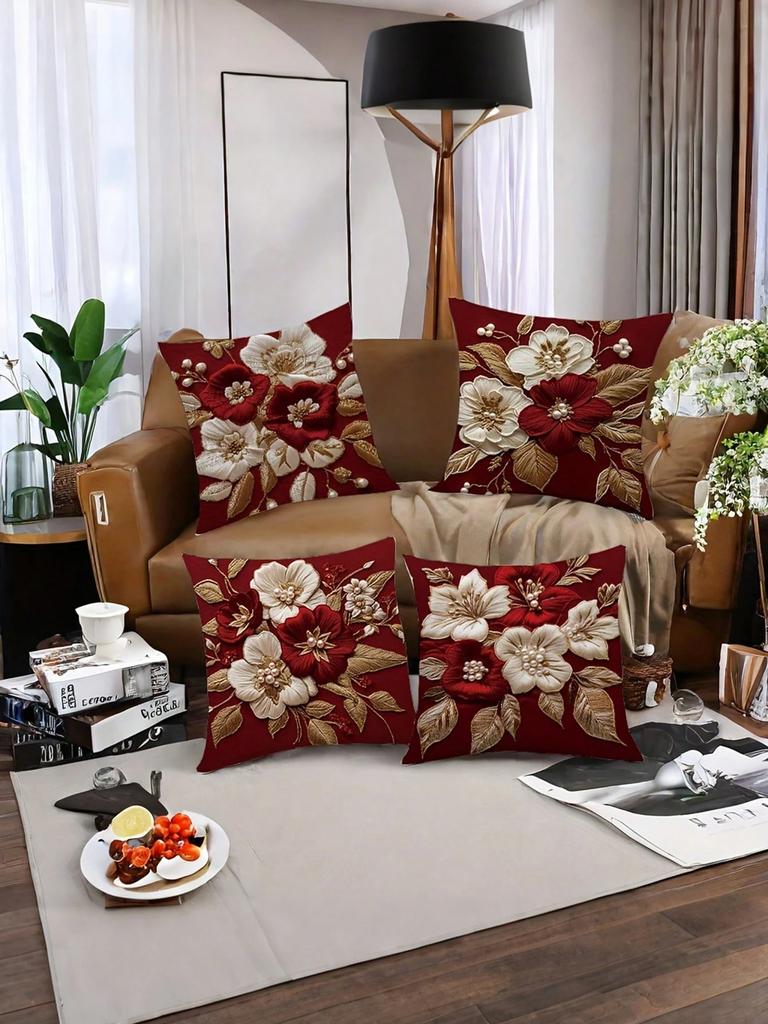 1 Stück Feder Weinrot Blume Kissenbezug Polyester 2D Doppelseitiger Druck Sofakissenhülle Geschenk für Wohnzimmer Schlafzimmer Heimdeko