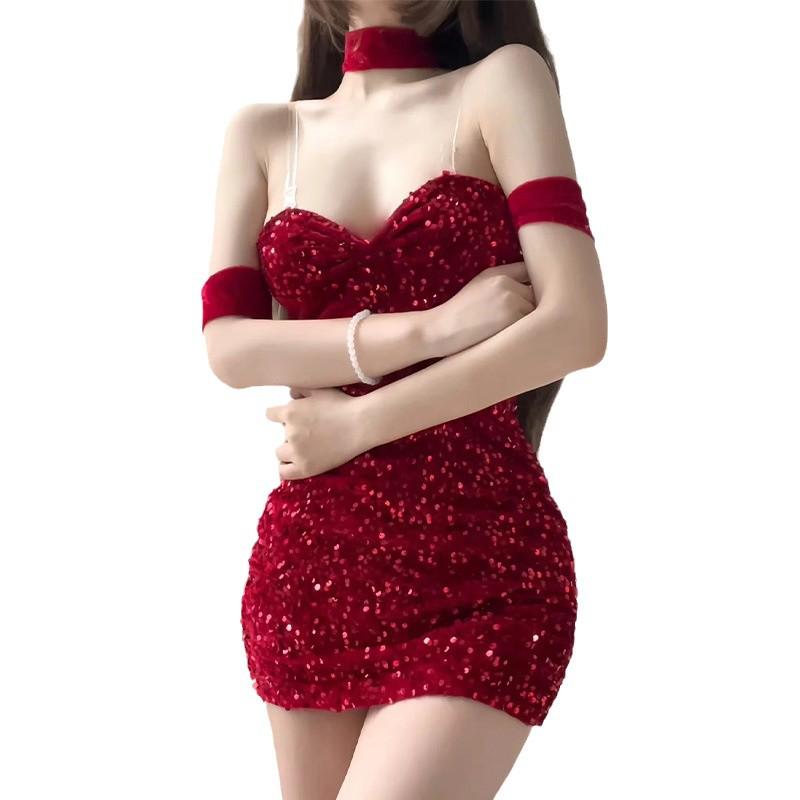 Muxue 3073 Red Velvet Sexy Christmas Lingerie Nightgown for Women