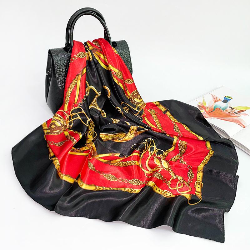 90cm Silk Satin Square Scarf - European & American Chain Print Headscarf Shawl
