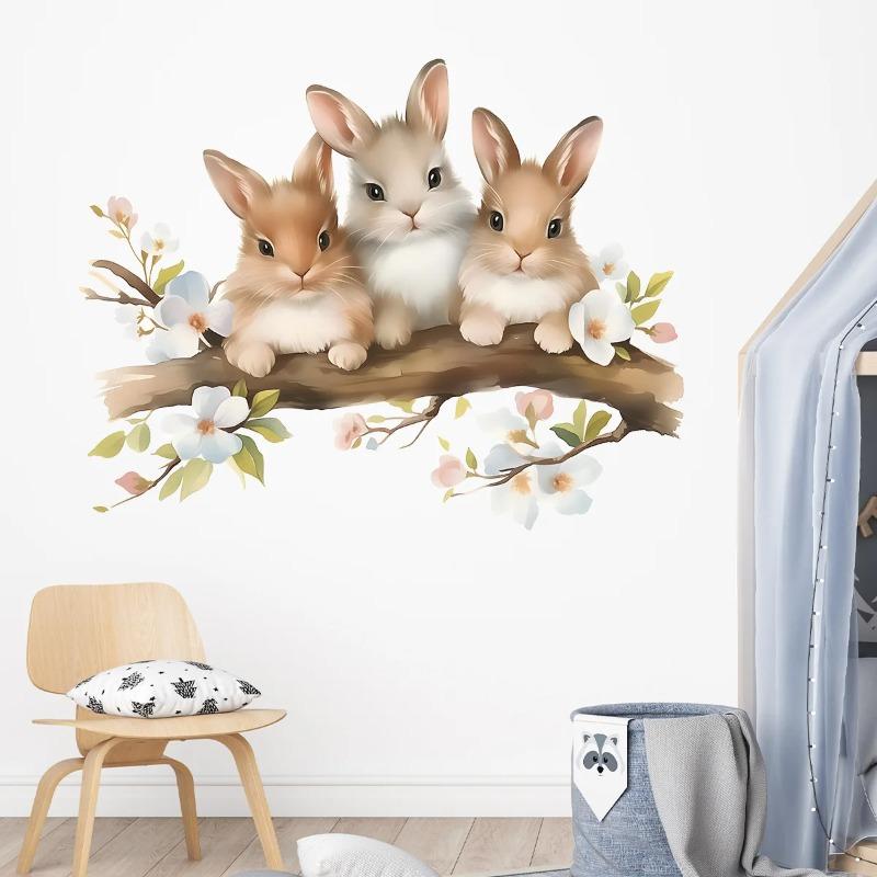 1Pc Watercolor Flower Cartoon Rabbit Wall Stickers for Kids Room Decor Baby Room Child Home Decoration Living Room Wall Decals