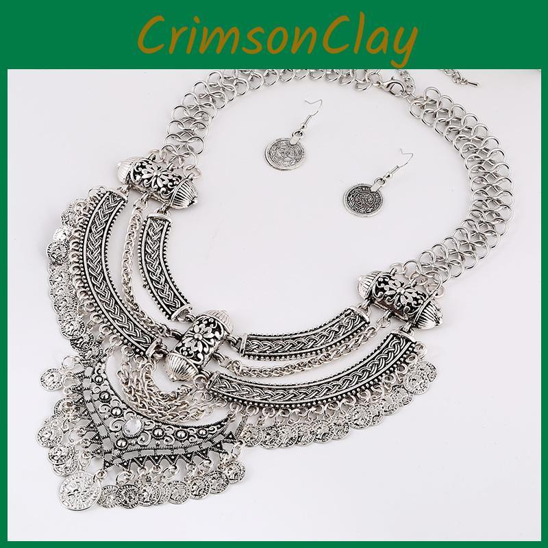 Finish Antique Coin Necklace Earrings With Bold Chain Women Accessories Elegant