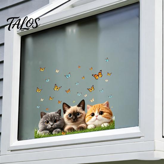 Non-damaging Glass Decal Cat Butterfly Static Sticker, Waterproof Animal Window Decoration Sticker Decal, Removable Pet for Bedroom Balcony